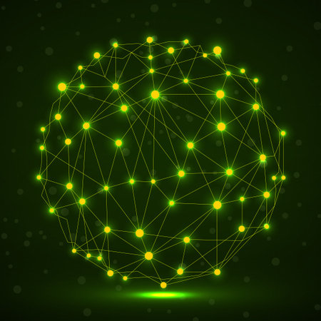Abstract wireframe mesh sphere with glowing dot and lines, network connections. Polygonal geometric elementのイラスト素材