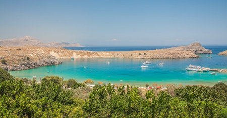 Beautiful Mediterranean blue bay with boats and yachtsの写真素材