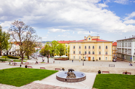 Market square in the old part of the city with blue cloudy sky on the backgroundの写真素材