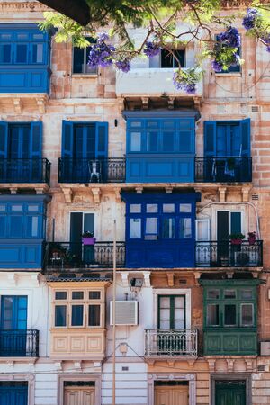 Maltese balconies on the ancient building in the historical part of Vallettaの写真素材