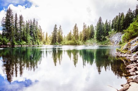 Clear mountain lake surrounded by evergreen forestの写真素材