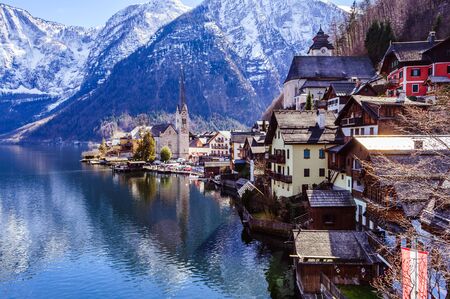 Hallstatt village with impressive mountain on the backgroundの写真素材