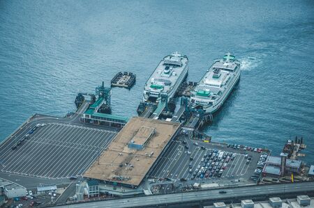 Aerial view on a docking ferry in Seattleの写真素材