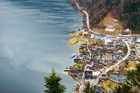 View from the mountain on Hallstatt village in Austriaの写真素材