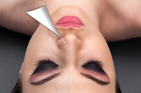 Before and after shot of a beautiful young model with professional make up, on the grey backgroundの写真素材