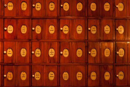 Ancient set of wooden textured pharmacy drawers with medicine names on eachの写真素材
