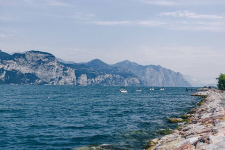 Windy morning on Lake Garda in Italyの写真素材