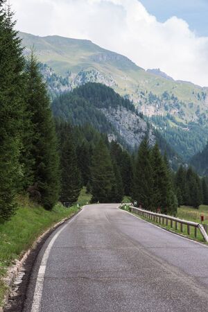 Mountain road between the trees in Dolomite mountains on Italian sideの写真素材