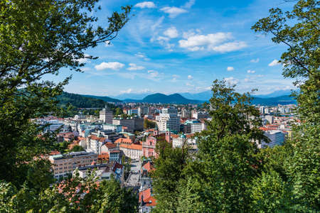 Ljubjana view from the mountain between the treesの写真素材
