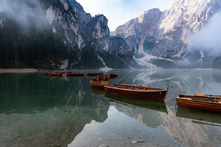 Calm morning on Lago di Braies in Italian Dolomitesの写真素材