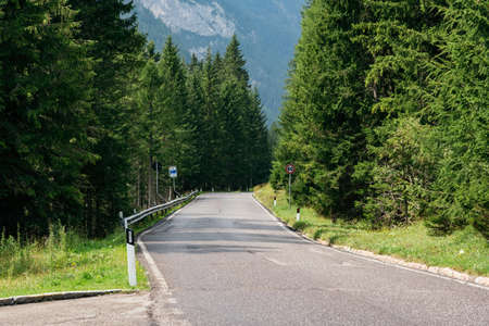 Mountain road in the forests of Dolomites on a sunny dayの写真素材