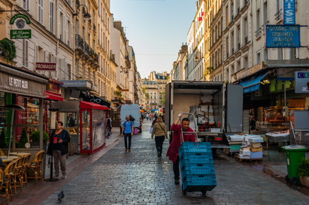 Paris, France - Apr 19, 2019 - Opening of the shops with cheese and fish in the central part of the cityのeditorial素材