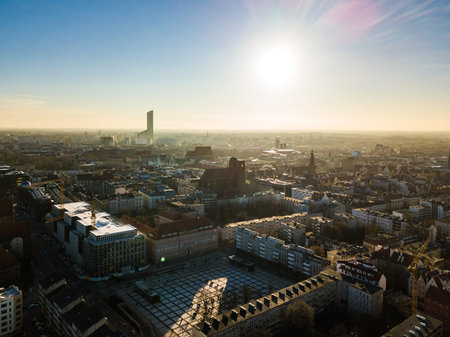 Wroclaw, Poland - Feb 16, 2019 - Sun rays above the city during the warm winter day