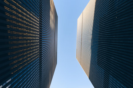 New York downtown skyscrapers bottom upの写真素材