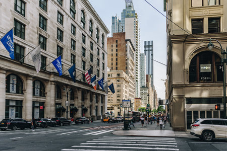 New York, US - May 7, 2023 - Downtown street on a warm sunny day