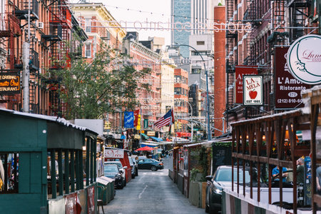 New York, US - May 7, 2023 - Busy Little Italy street on late afternoon