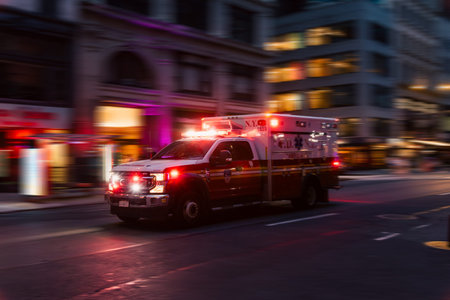 New York, US - May 8, 2023 - Emergency Pick-up Truck Passing Fast at Night in Manhattan, New York.