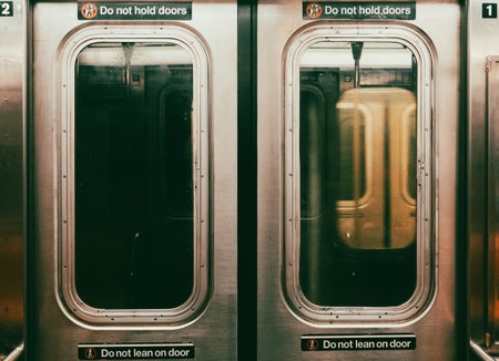 New York subway doors and a moving train on the backgroundの写真素材