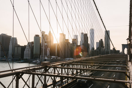 New York, US - May 10, 2023 - Brooklyn Bridge sunset New York Manhattan skyline NY NYC USAのeditorial素材