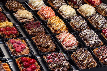 Delicious traditional Belgian waffles with colorful toppings on display in a store window. Sugary desserts. Typical belgian sweet food.の写真素材