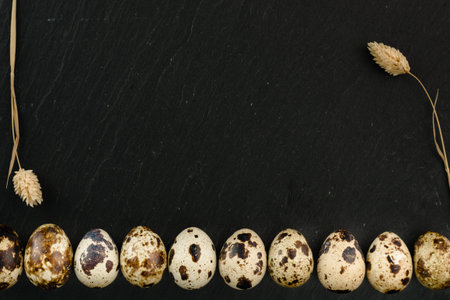 Quail eggs on black stone background. Organic product.