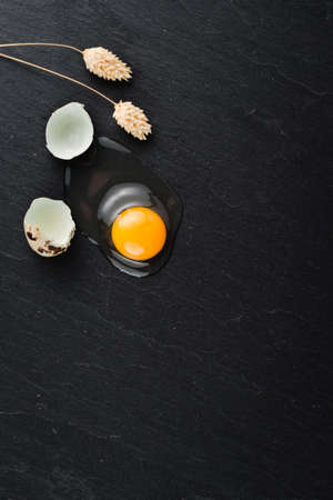 Quail eggs on black stone background, broken, cracked quail egg, yolk of quail egg. Organic product.の写真素材