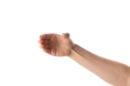 Man hand hold, grab or catch some object, hand gesture. Isolated on white background.の写真素材