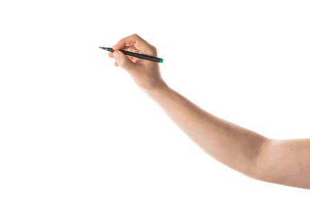 Male hand writing with the marker or felt pen. Isolated on white background.の写真素材