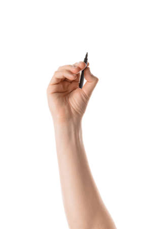 Male hand writing with the marker or felt pen. Isolated on white background.の写真素材