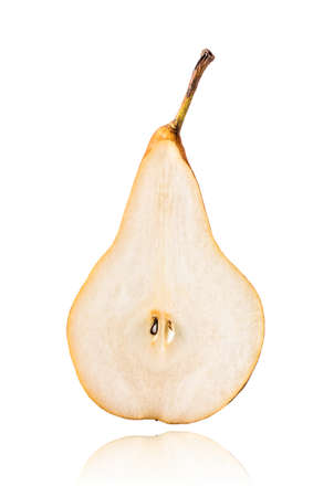 Half of Williams or Bartlett pear, slice, isolated on white background with drop shadow.の写真素材