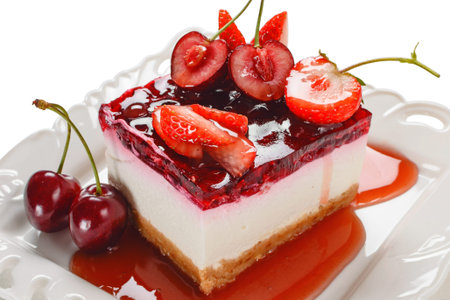 Cheesecake with berries,fresh strawberry and cherry cheesecake on table.