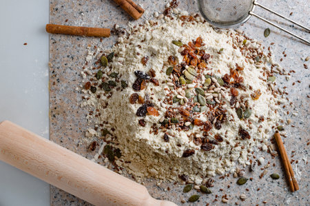 Ingredients for homemade dough, semisweet dough with raisins, honey and  various seeds. Homemade...