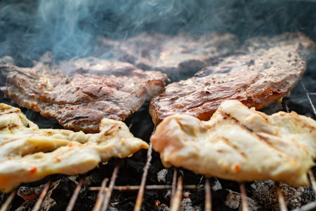 Grilled meat, pork, beef and chicken meat on barbecue, grill. Shallow depth of field.