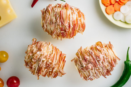 Potato filled with bacon ready to be baked in oven. Cheese, carrot, peppers some onion, tomato and...