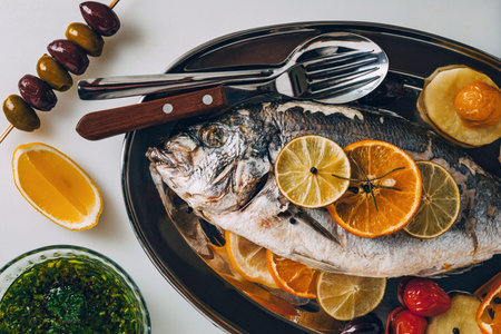 Sea gilt-head bream fish on the plate baked with potatoes, rosemary, lemon, orange, olives, tomatoes...