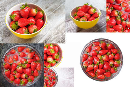 Strawberry inside cold water, sweet spring strawberries closeup, Fresh strawberry in the yellow bowl. Collage of set photos.の写真素材
