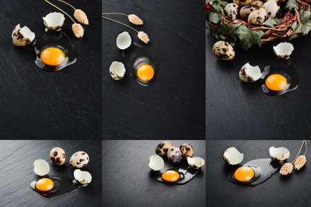 Quail eggs on black background. Eggs nest. Collage of set photos.の写真素材