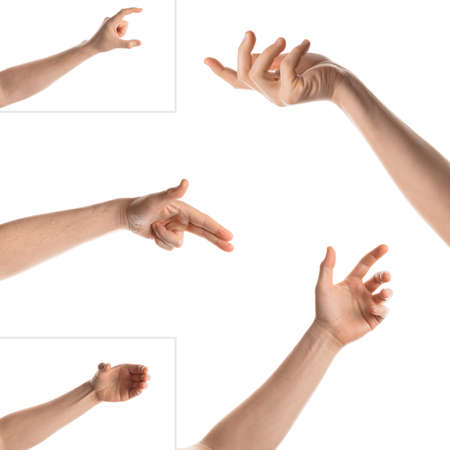 Man hand with the various gesture, open hand, pointing finger, hitting each other, fingers crossed, hold, grab, catch, fist, showing numbers. Isolated on white background. Collage of set photos.の写真素材
