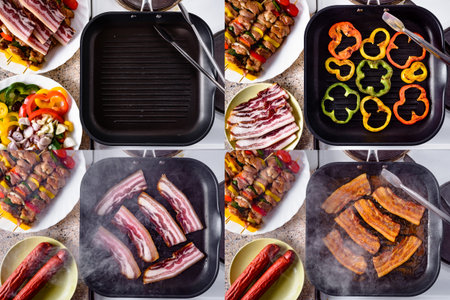 Grilled pepper. Bacon and raw pork skewers ready for grilling. Grilled bacon. Grilled skewers on...