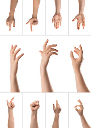 Man hand with the various gesture, open hand, pointing finger, hitting each other, fingers crossed, hold, grab, catch, fist, showing numbers. Isolated on white background. Collage of set photos.の写真素材