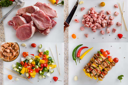 Meat processing with meat hammer.Raw meat, sliced pork steaks on kitchen  table. Raw pork skewers ready for grilling. Collage of set photos.の写真素材