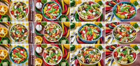Pasta salad with tomato,arugula,cucumber, peppers,hot peppers, black and green olives, and cheese feta. Tuna, Vitaminic green and Greek salad with feta and tasty selection of vegetables. Collage of twelve photos.の写真素材