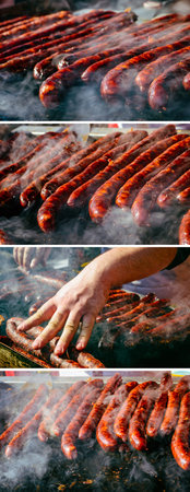Grilled sausage on barbecue, grill. Shallow depth of field. Collage of set photos.