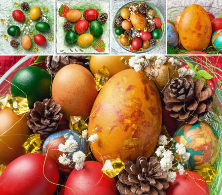 Easter eggs. Colorful Easter eggs with decoration. Collage of set photos.