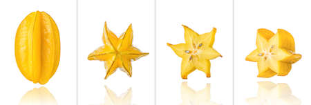 Carambola, star fruit, half of Carambola, slice, isolated on white background with drop shadow. Collage of set photos.の写真素材