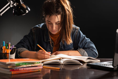 Female student, with books at her desk.  The girl is sitting at the table and study