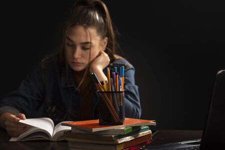 Female student, with books at her desk.  The girl is sitting at the table and studyの写真素材