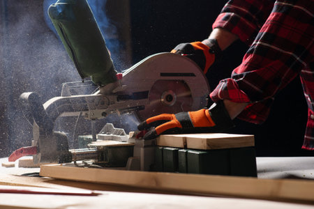 Close up of circular saw and saw dust. Woodworking machine.