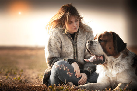 Girl and her big Bernard dog