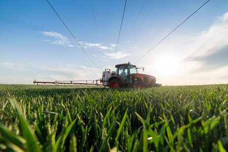 Tractor spraying wheat in springtime in fieldの写真素材